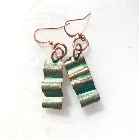 Solid Copper Patina Green Verdigris Earrings Drop Dangle Form Folded Brutalist - Picture 4 of 11